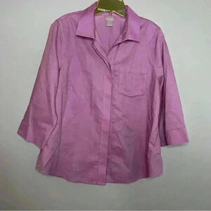Chico’s Linen Blouse, NWOT, Size 8/10, No Iron, Pink Button Front 3/4 Sleeves